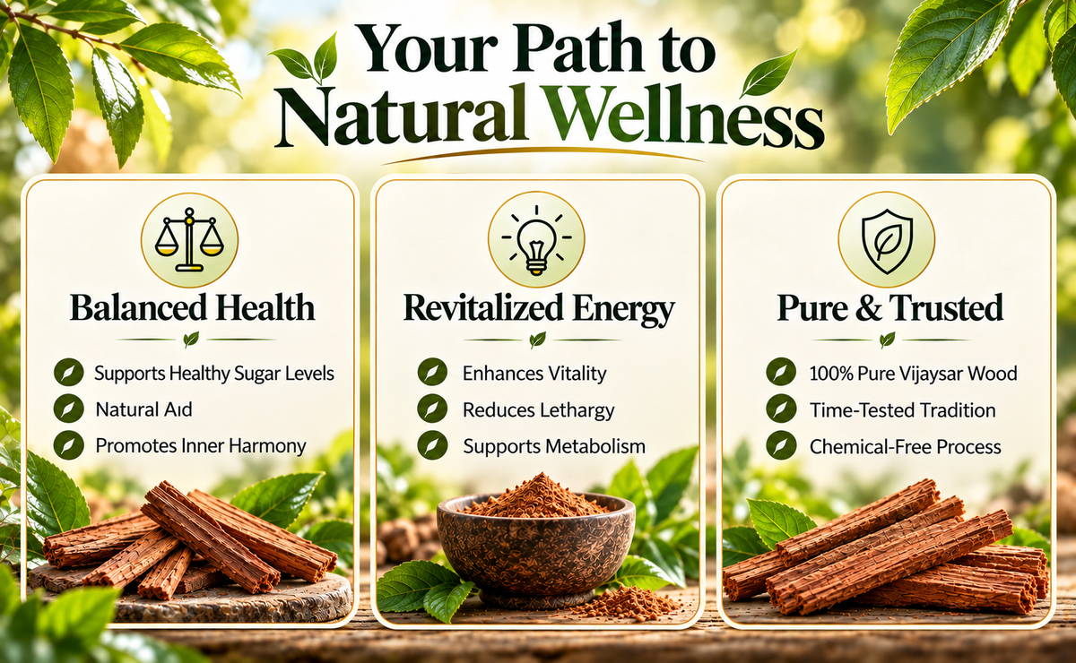 Your path to natural wellness: balanced health, revitalized energy, pure and trusted Vijaysar wood