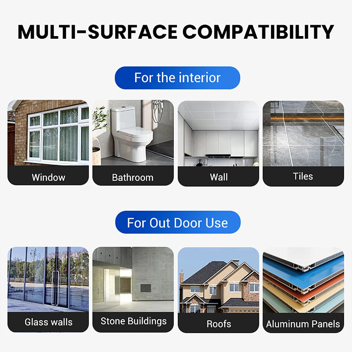 Works indoors and outdoors: windows, bathrooms, walls, tiles, glass, stone, roofs, aluminium
