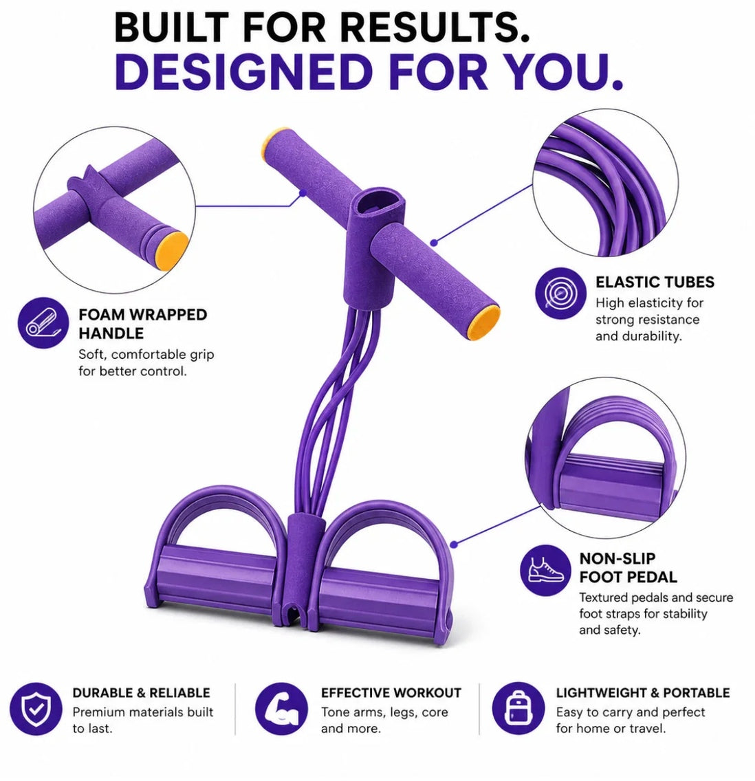 Foam wrapped handle, elastic tubes and non-slip foot pedals